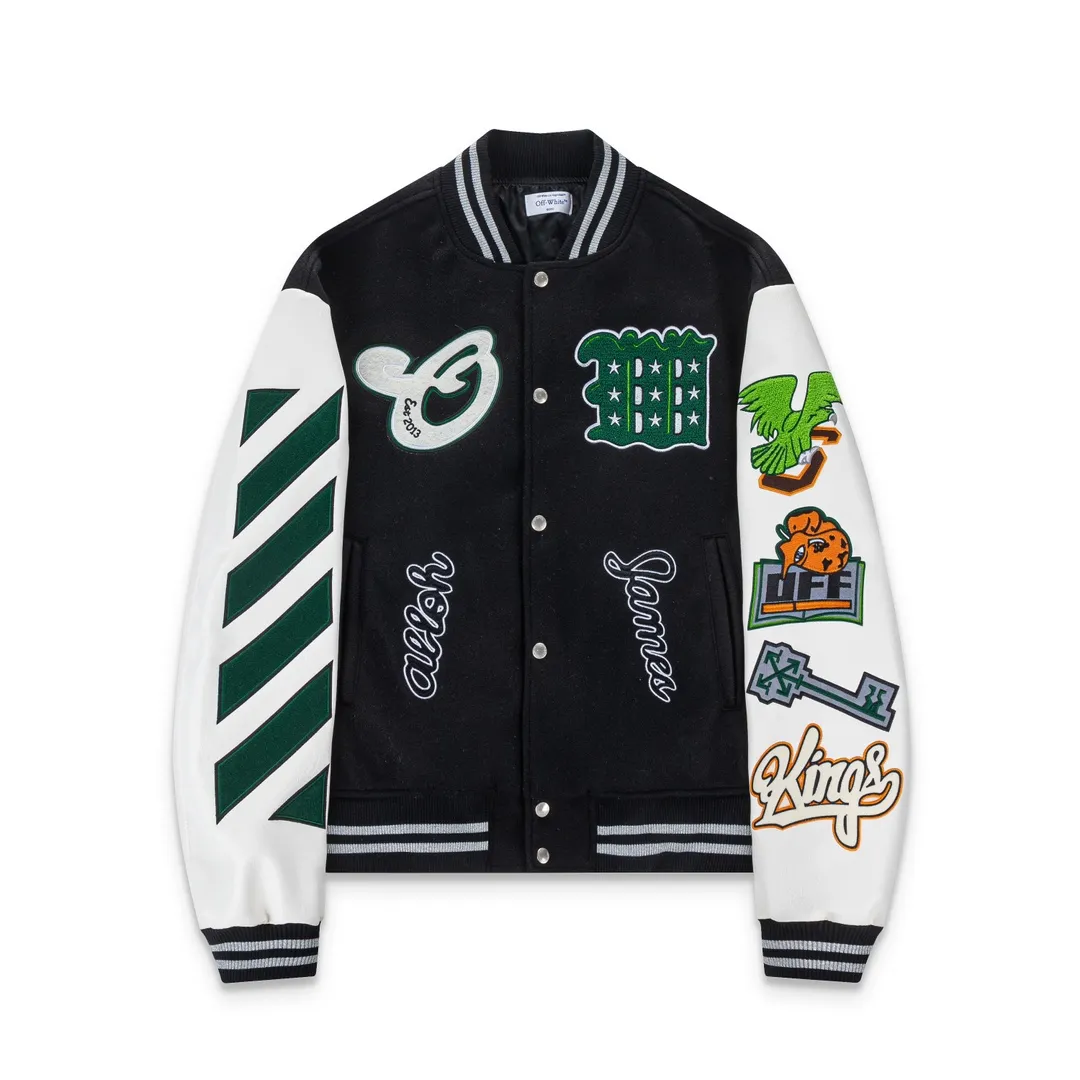 S60#P676, off white new autumn and winter heavy industry embroidered leather baseball jacket for couples Color: black beige Size: S M L XL